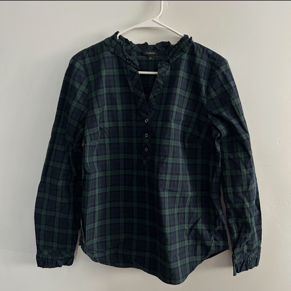 Navy and Green Plaid Button-Up Blouse